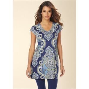 SOMA Tunic Top Luxuriously Soft Shirred Side Paisley Print Empire Waist M NWT